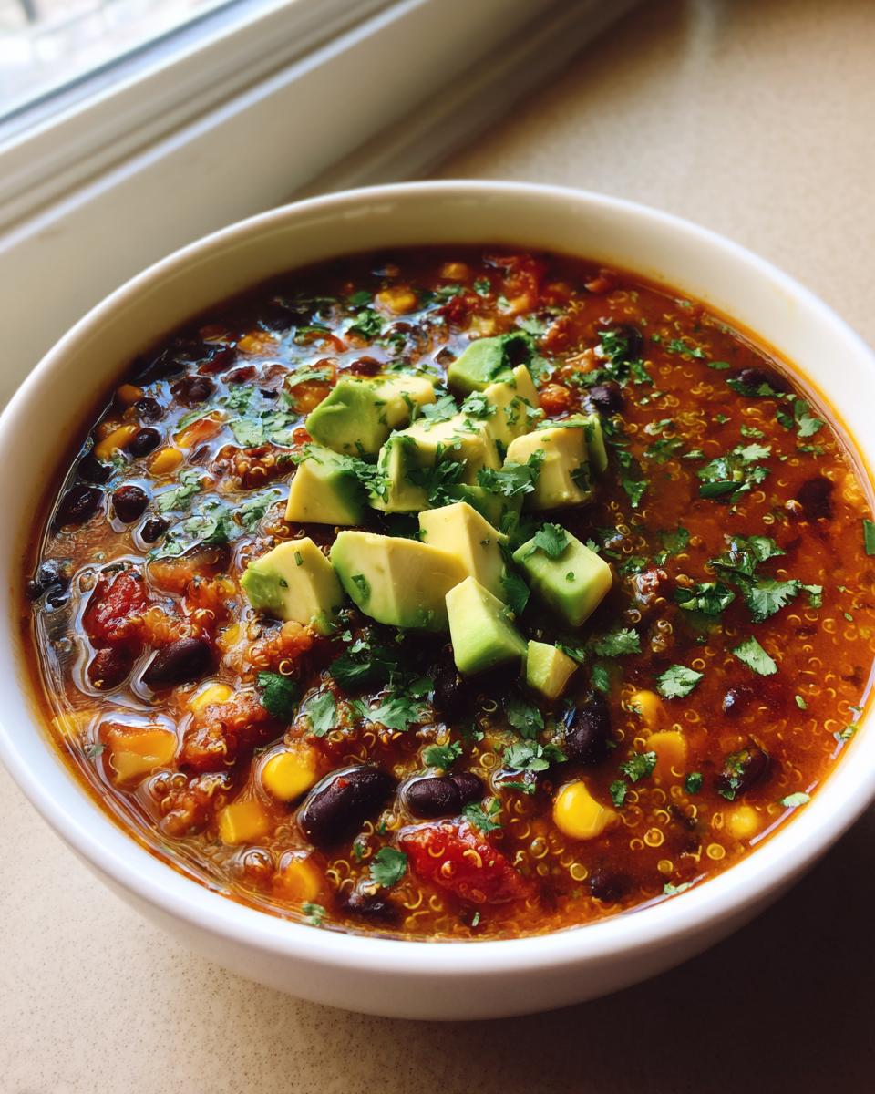A white bowl filled with rich, dark red Mexican quinoa soup, featuring black beans, corn, and topped with diced avocado and cilantro.