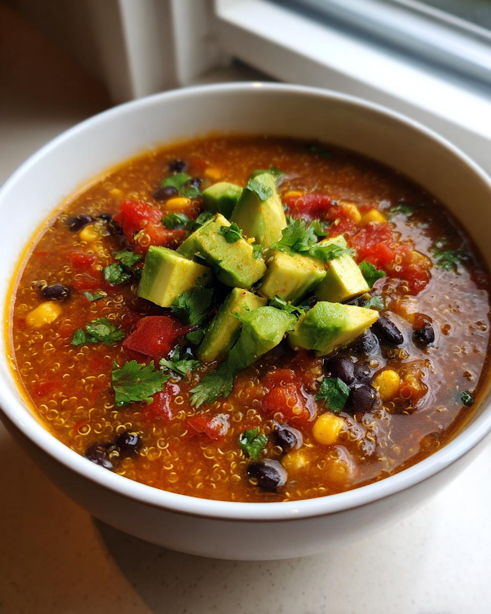 A close-up of a bowl of rich, tomato-based mexican quinoa soup loaded with black beans, corn, and topped with diced avocado.