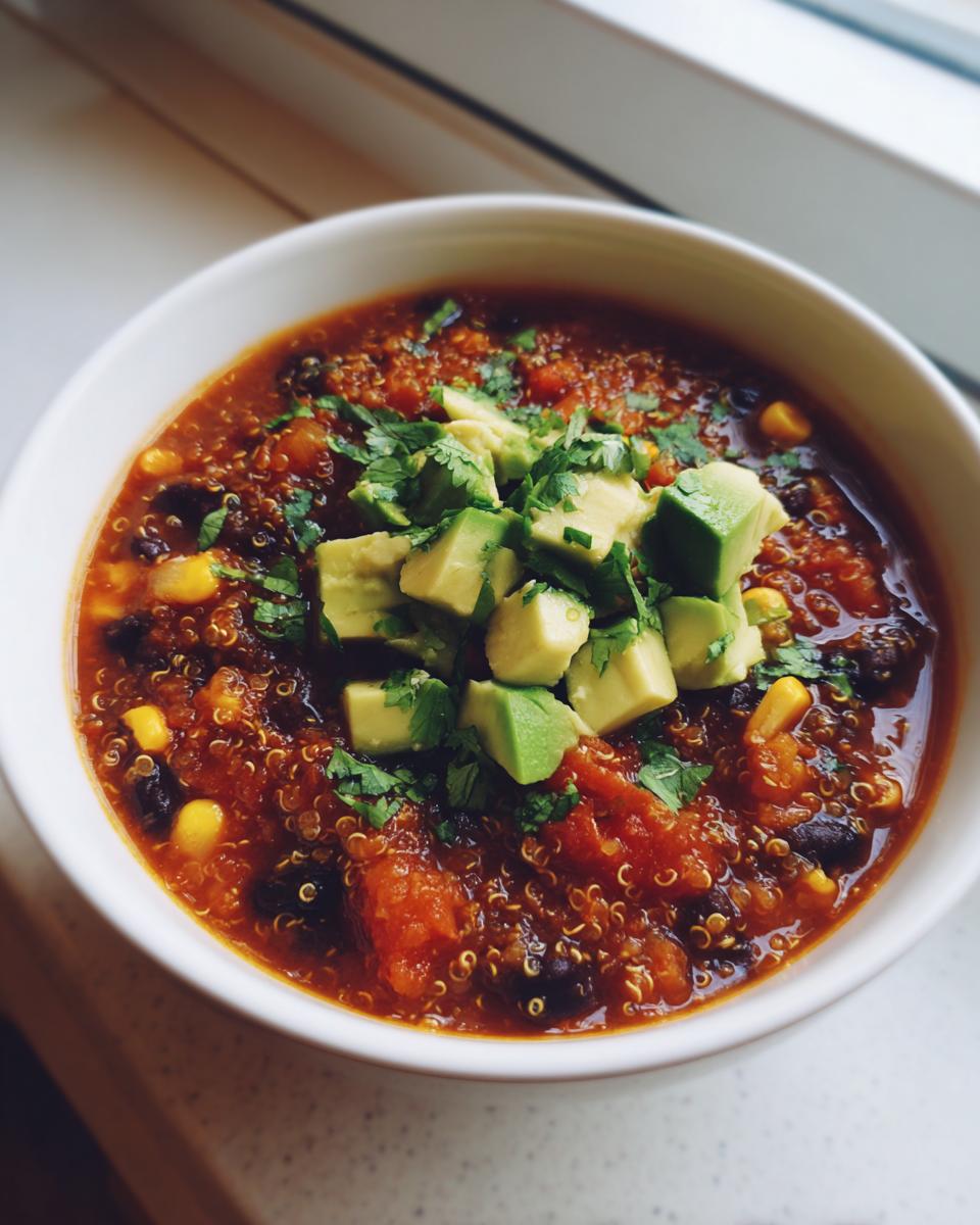 Close-up of a bowl of rich Mexican quinoa soup with black beans, corn, and topped generously with diced avocado and cilantro.