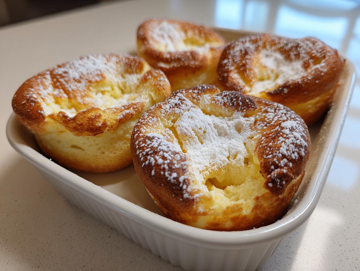 Four golden brown mini dutch baby pancakes dusted with powdered sugar, served in a white baking dish.