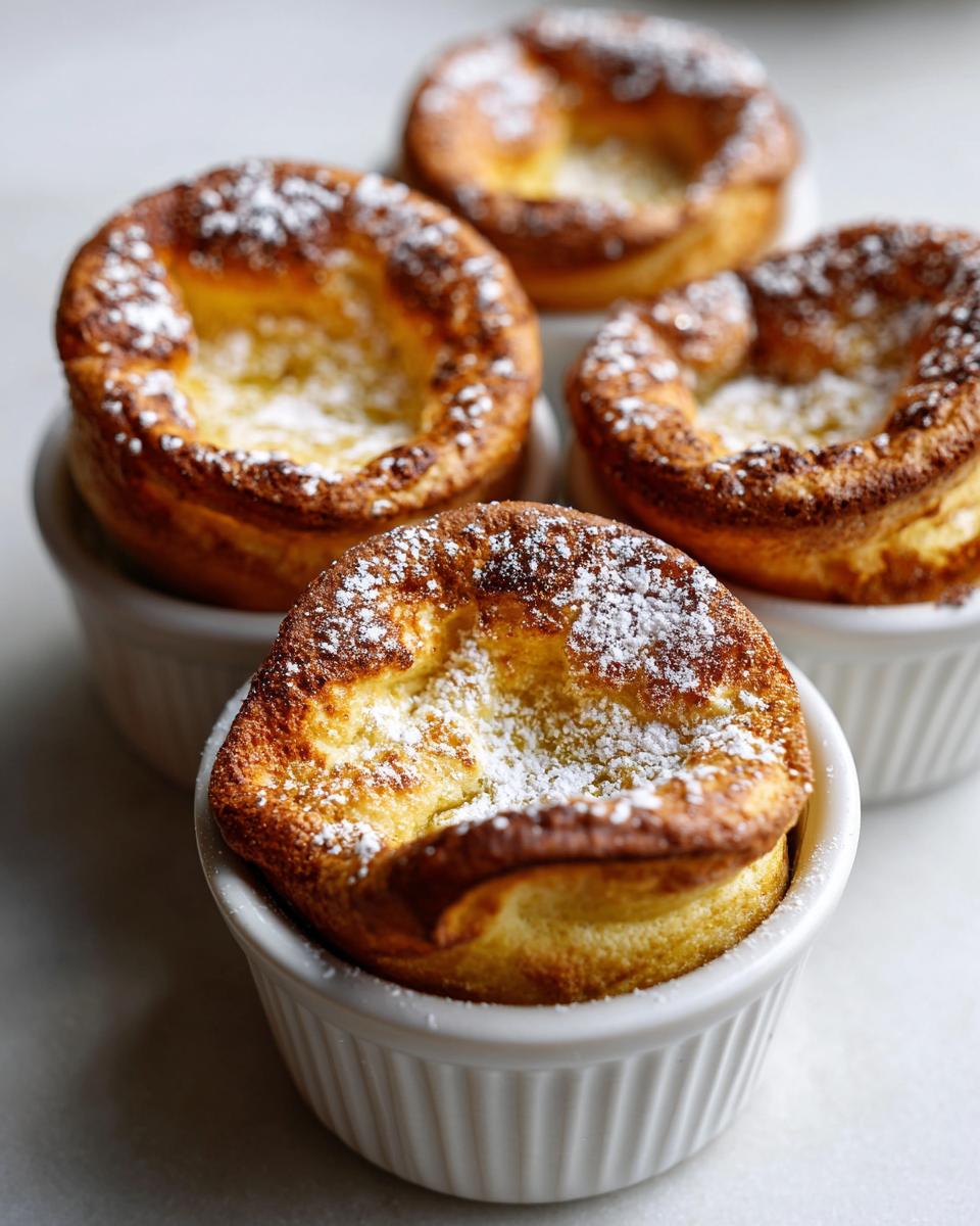Four golden brown mini dutch baby pancakes dusted with powdered sugar, served in white ramekins.