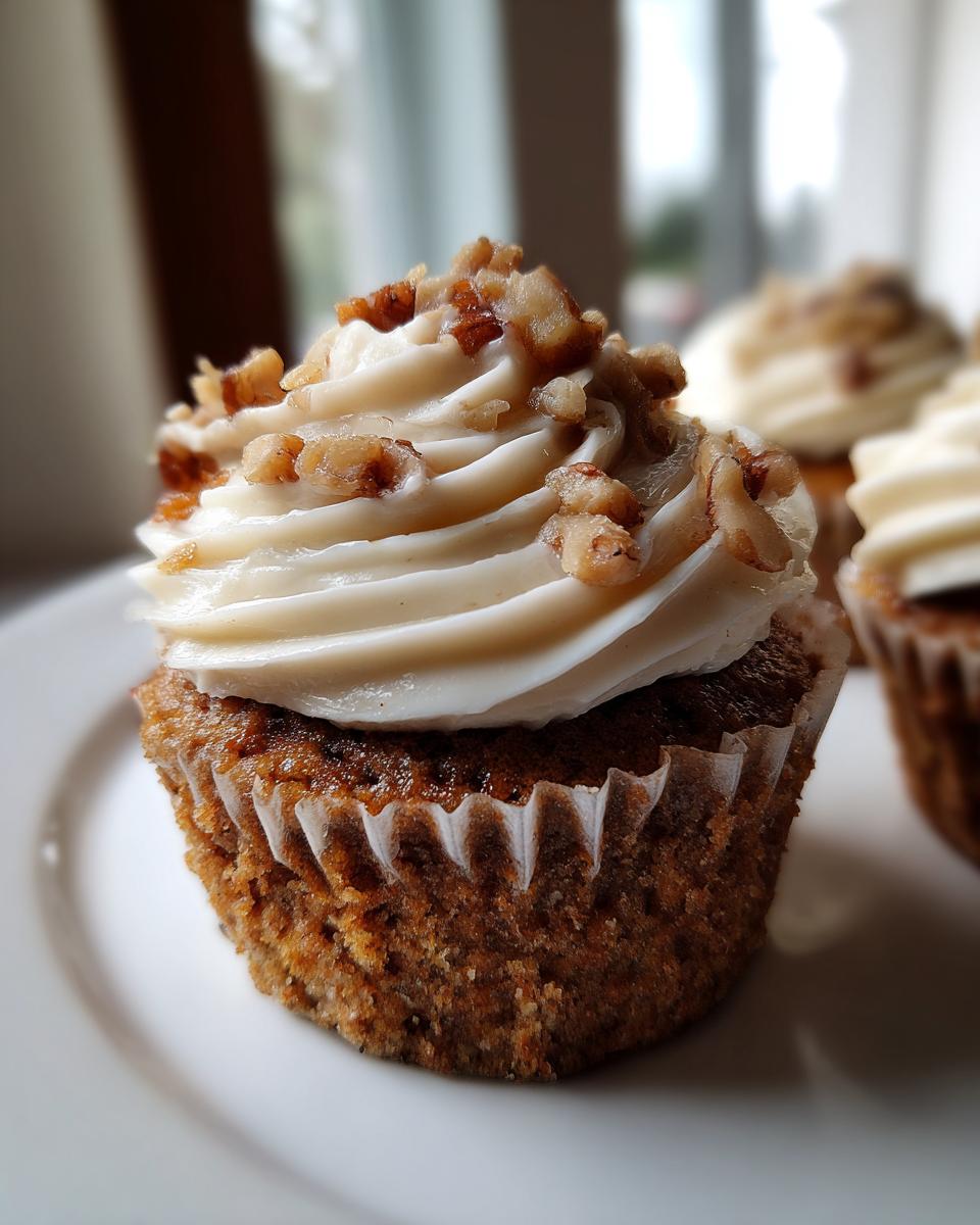 Close-up of a moist banana walnut cupcake topped with swirled cream cheese frosting and chopped walnuts.