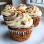 Close-up of a moist banana walnut cupcake topped with thick cream cheese frosting and chopped walnuts.