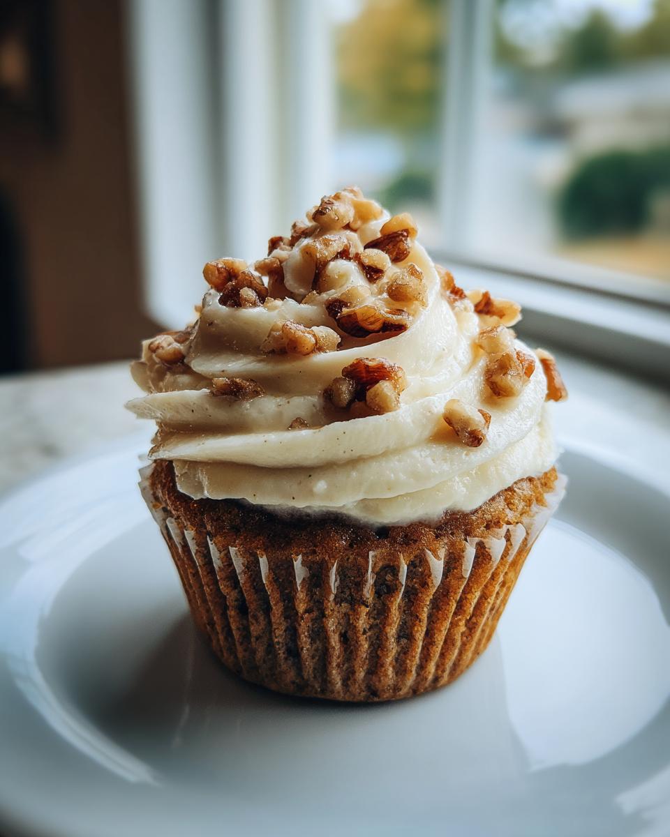 A single, moist banana walnut cupcake topped with thick cream cheese frosting and chopped walnuts.