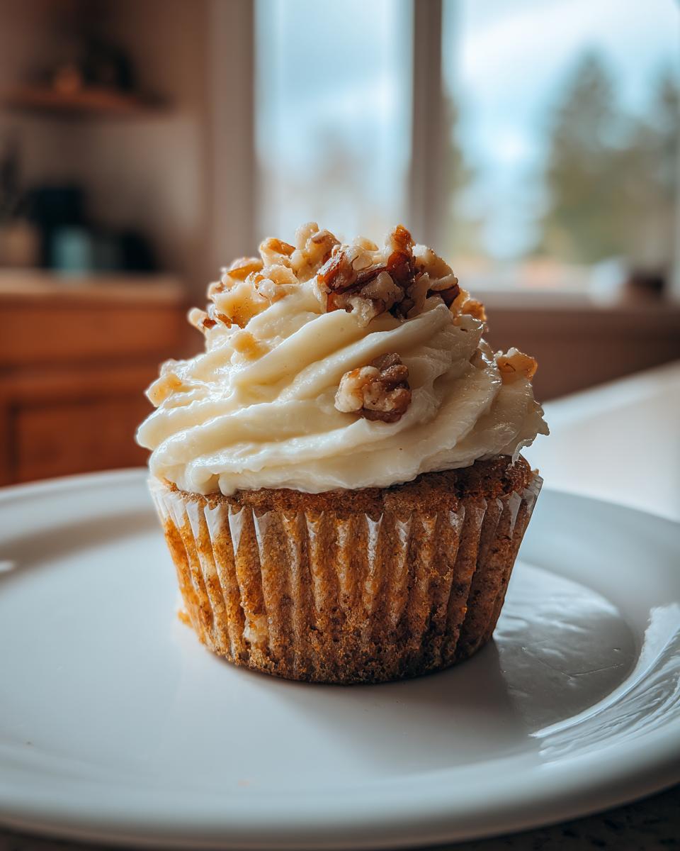 A single banana walnut cupcake topped with swirl of cream cheese frosting and chopped walnuts, sitting on a white plate.