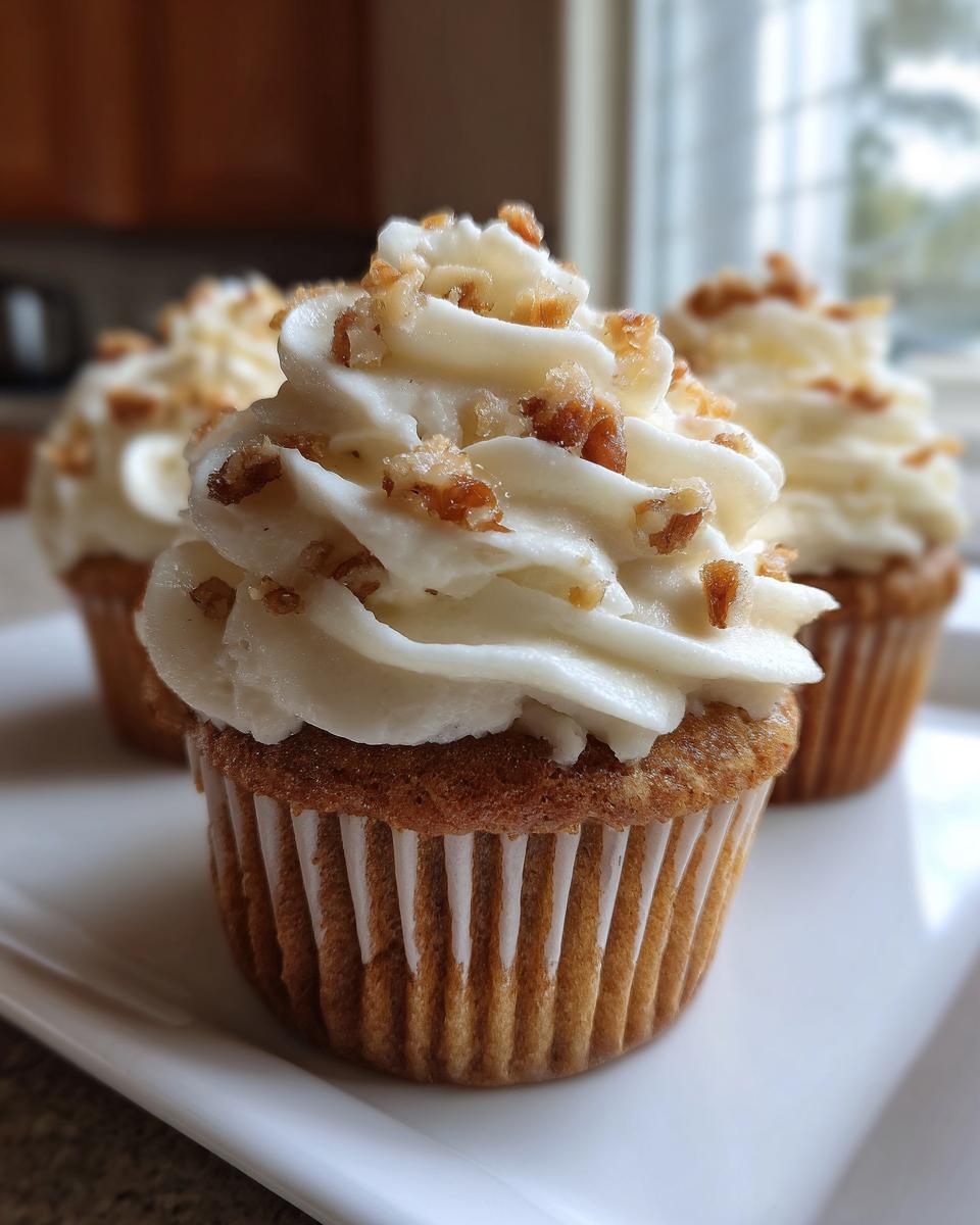 Close-up of a moist banana walnut cupcake topped with swirled cream cheese frosting and chopped walnuts.