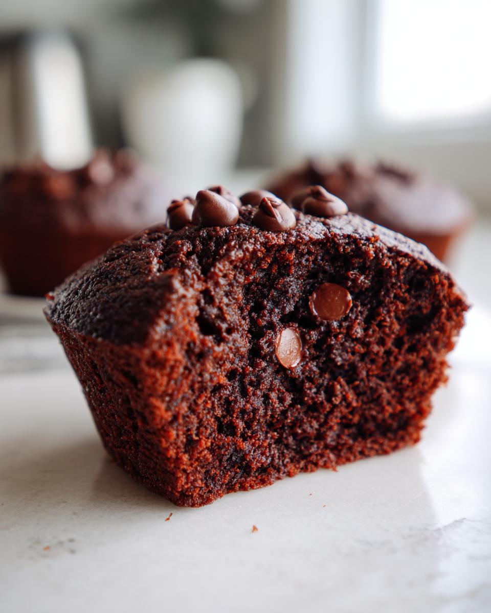 A close-up view of a rich, dark chocolate muffin cut in half, showing its moist interior and chocolate chips, highlighting the amazing chocolate muffins.