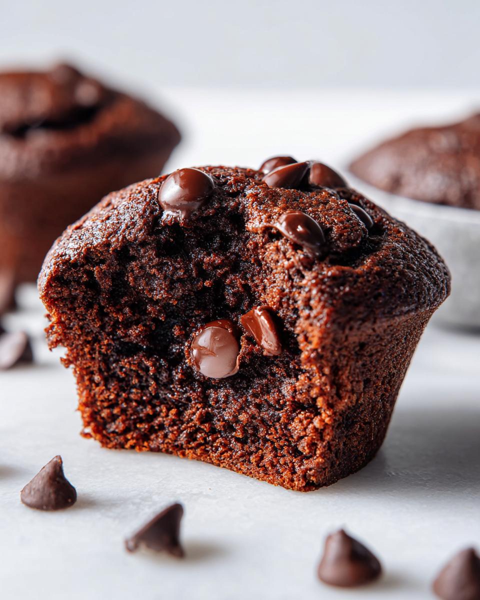 Close-up of a moist, dark chocolate muffin cut in half, showing the rich texture and melted chocolate chips. Perfect for chocolate muffins.
