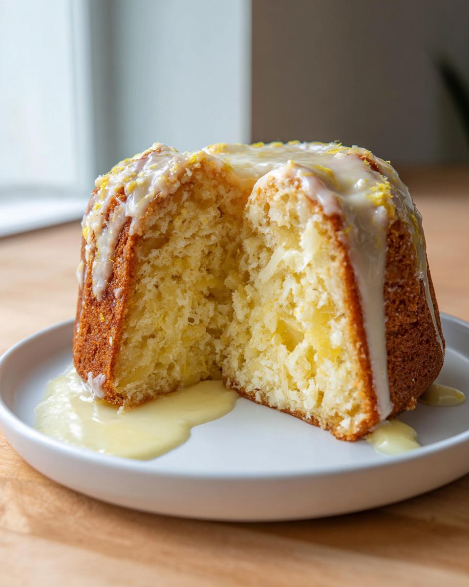 A slice cut from a small bundt cake, revealing a moist interior, drizzled with white glaze, resembling Hawaiian wedding cake.