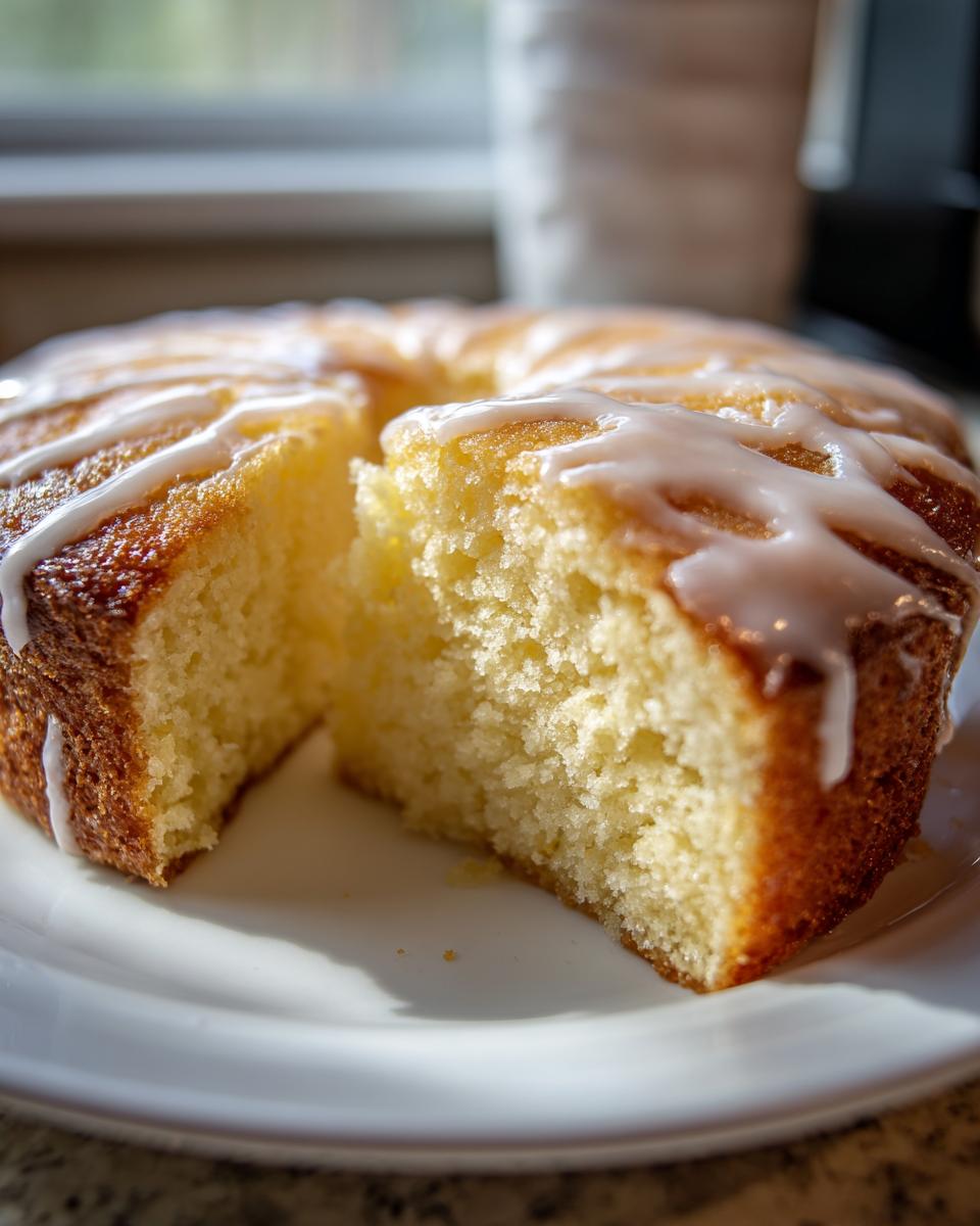 Close-up of a slice cut from a moist healthy greek yogurt cake drizzled with white glaze.