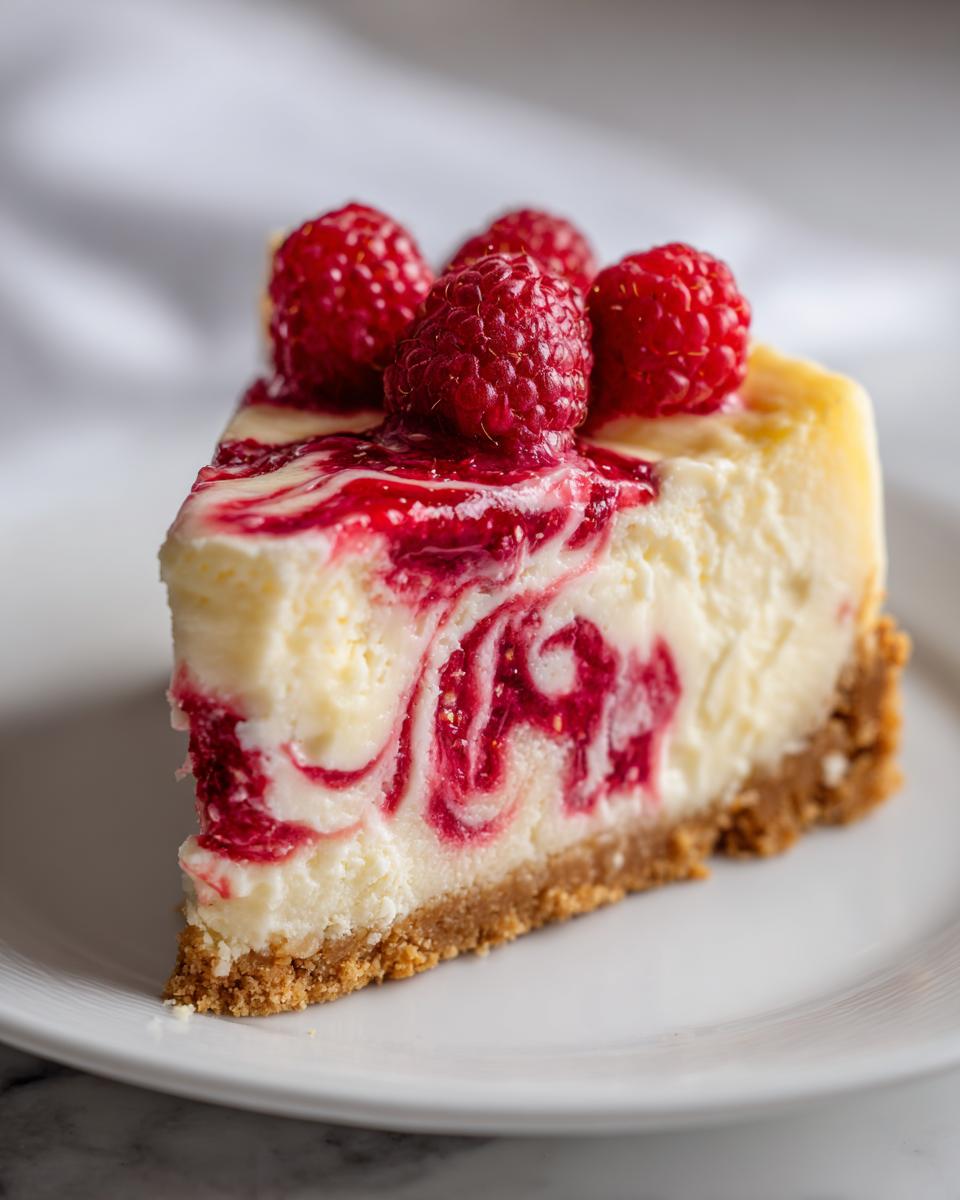 A perfect slice of no bake lemon raspberry cheesecake featuring a graham cracker crust and topped with fresh raspberries.