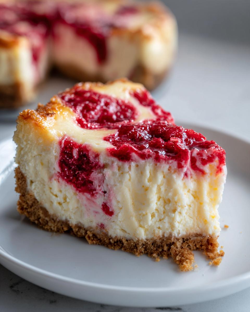 A close-up slice of creamy no bake lemon raspberry cheesecake with a thick graham cracker crust.
