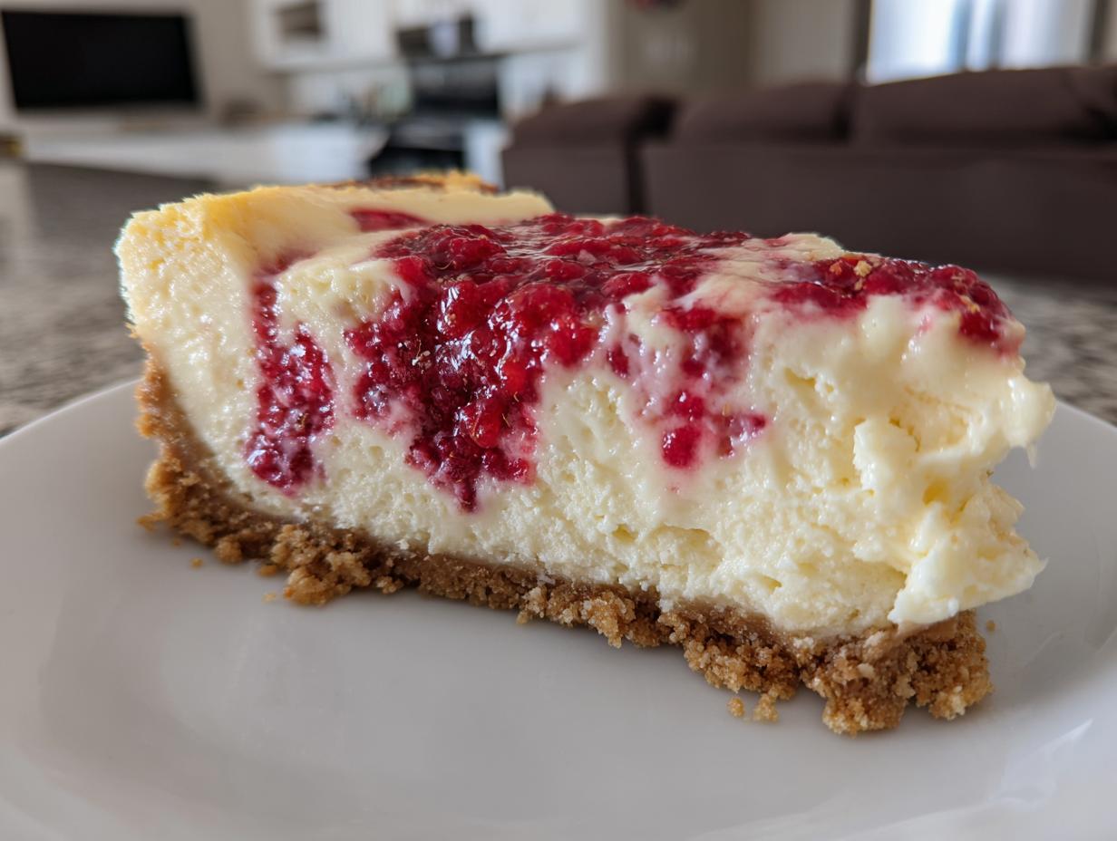 A close-up view of a thick slice of no bake lemon raspberry cheesecake with a graham cracker crust on a white plate.