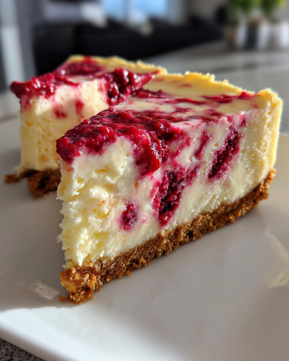 Two slices of creamy no bake lemon raspberry cheesecake with a graham cracker crust and swirls of bright red raspberry topping.