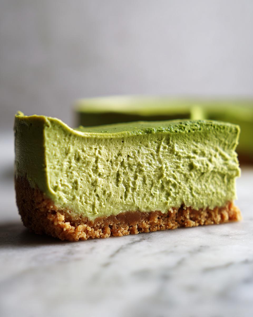 Close-up of a thick slice of vibrant green no-bake matcha cheesecake with a graham cracker crust.
