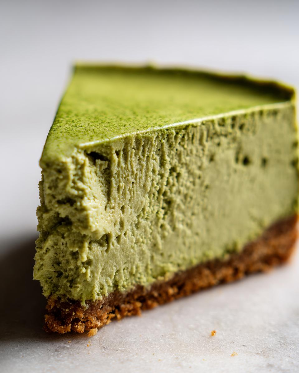 Close-up of a thick slice of creamy no-bake matcha cheesecake with a graham cracker crust.