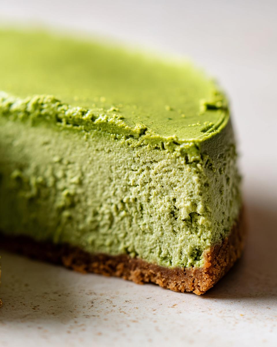 A close-up, macro shot of a thick slice of vibrant green no-bake matcha cheesecake showing the creamy texture and graham cracker crust.
