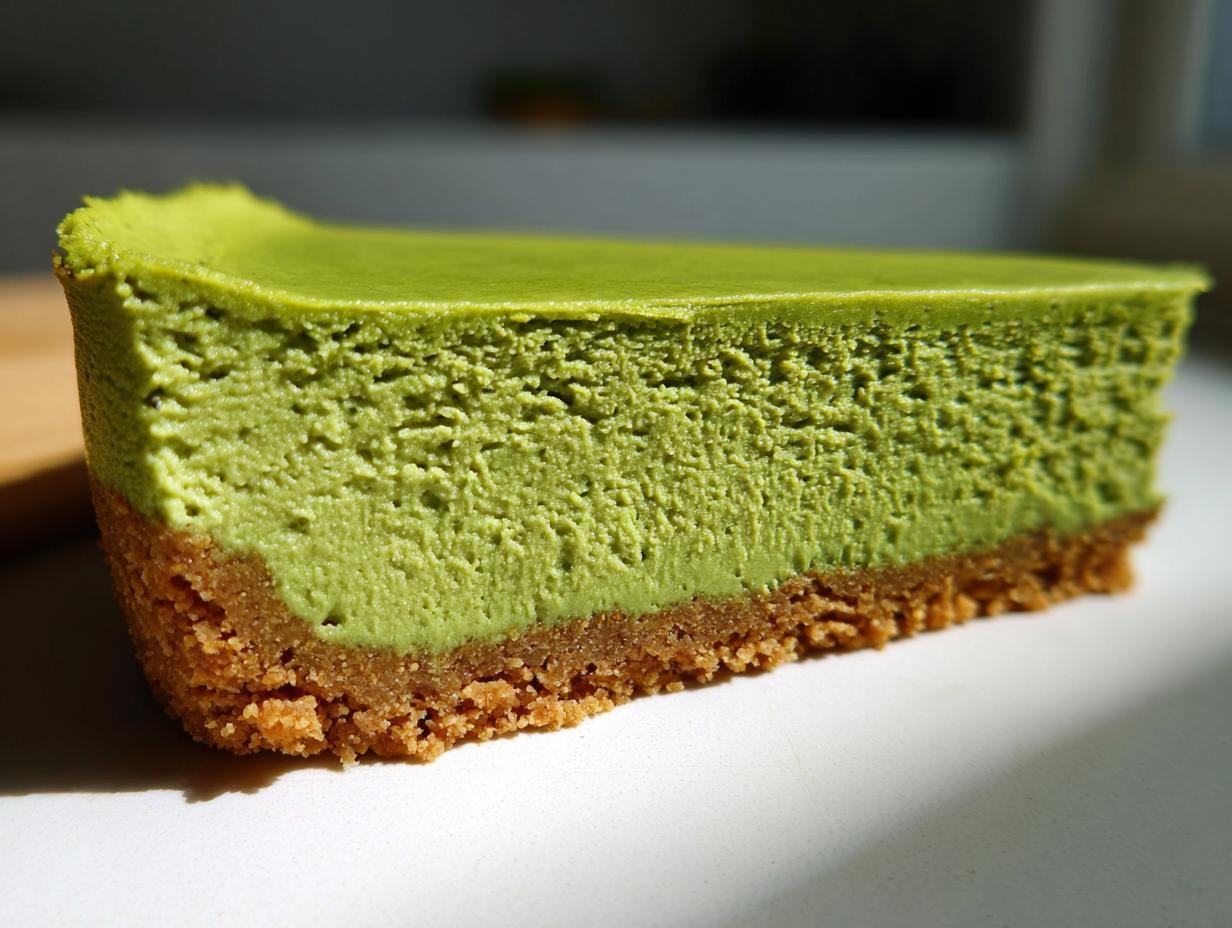 Close-up of a thick slice of no-bake matcha cheesecake showing the vibrant green filling and brown graham cracker crust.
