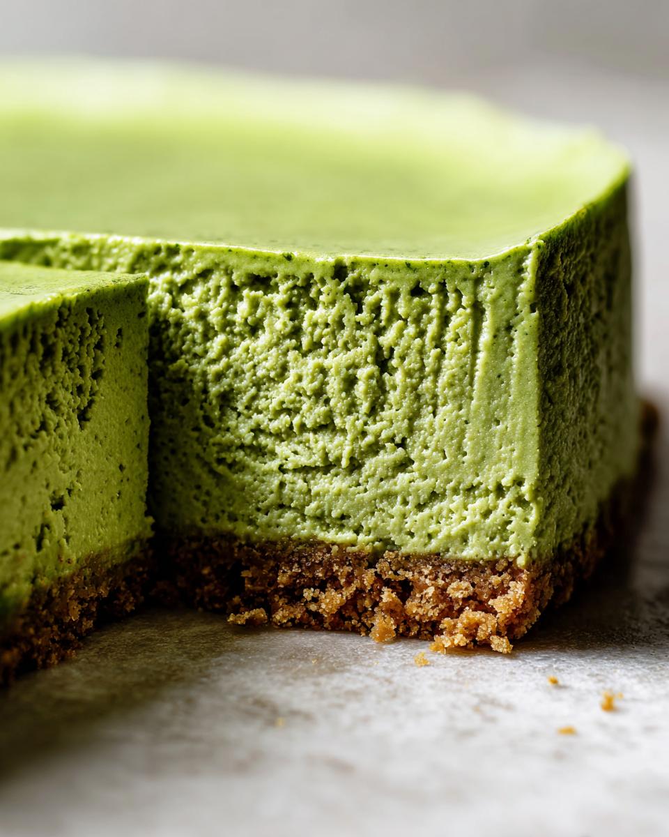 Close-up showing the creamy, textured interior of a no-bake matcha cheesecake with a thick graham cracker crust.