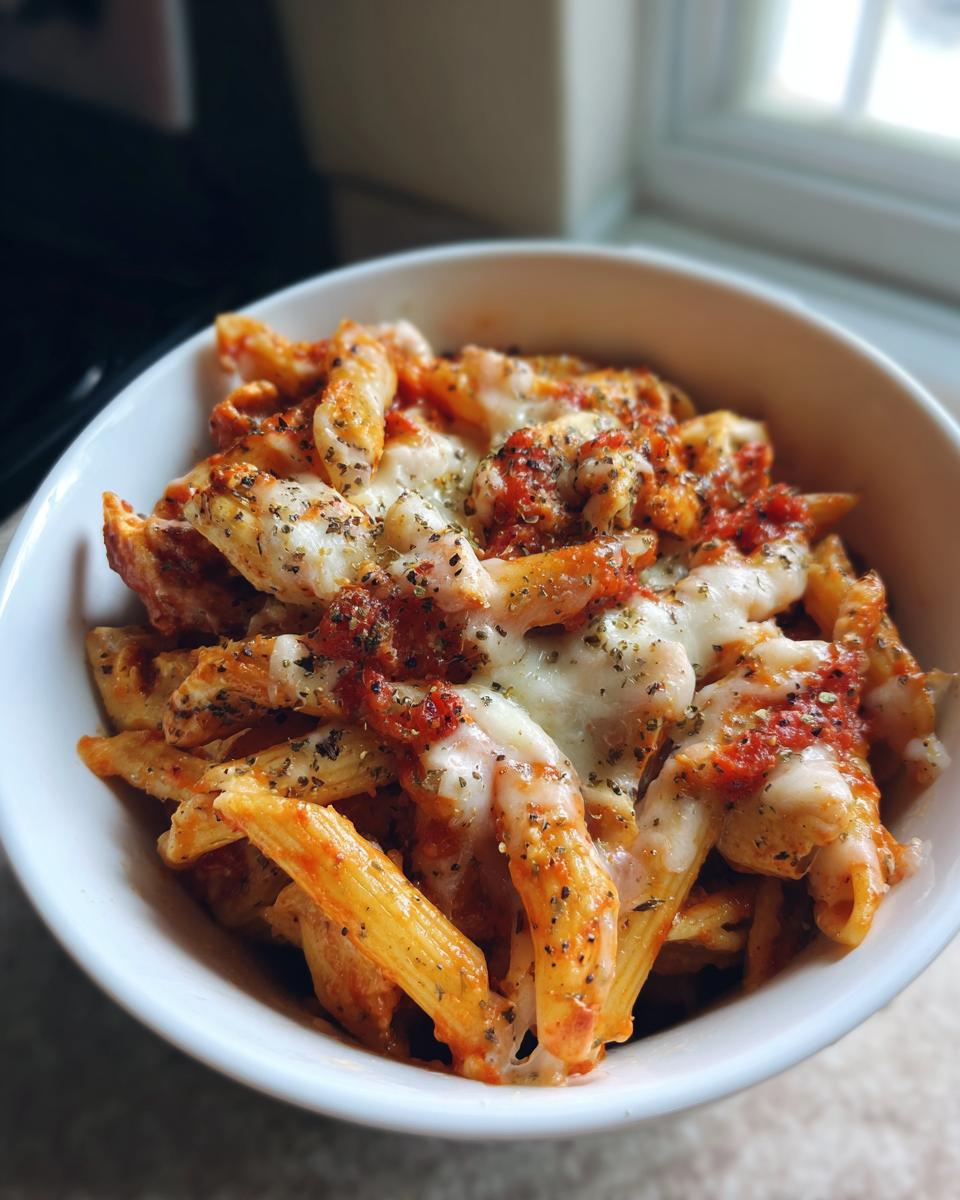 Close-up of a serving of one pot chicken parm pasta topped with melted mozzarella and herbs in a white bowl.