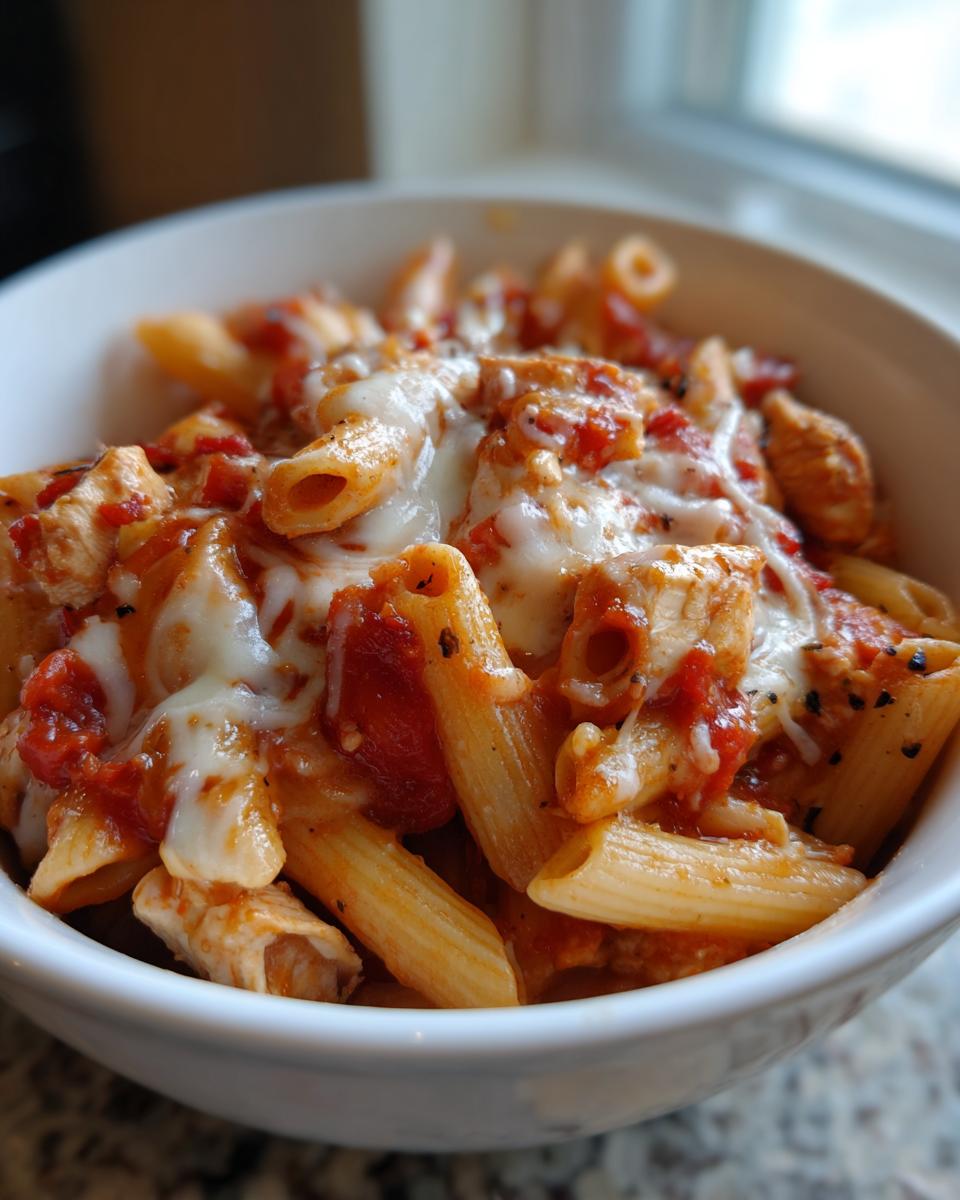 Close-up of a white bowl filled with one pot chicken parm pasta, topped with melted mozzarella cheese and tomato sauce.