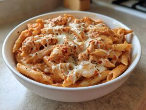 A close-up of a white bowl filled with creamy one pot chicken parm pasta topped with melted mozzarella cheese.