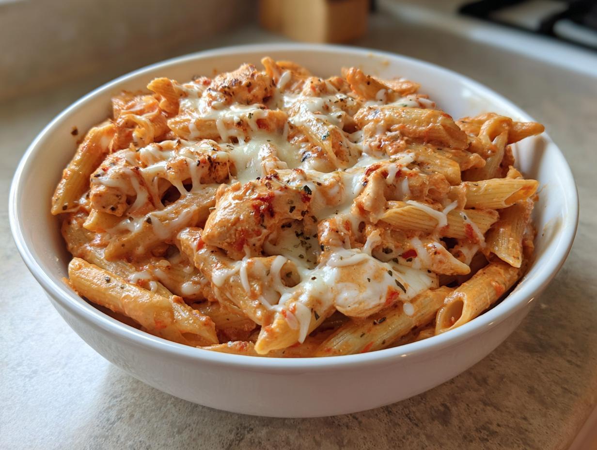 A close-up of a white bowl filled with creamy one pot chicken parm pasta topped with melted mozzarella cheese.