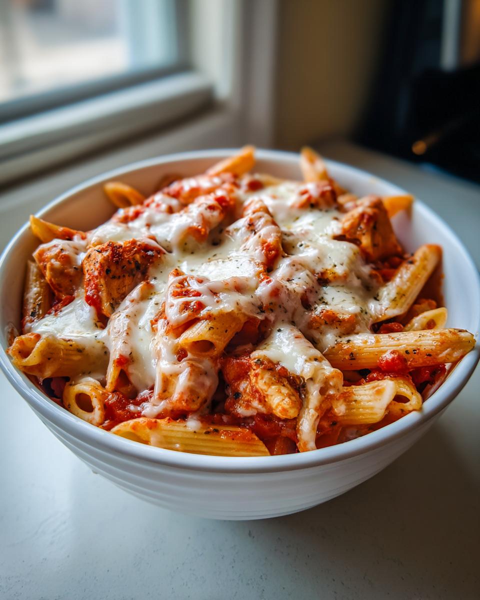 A close-up of a white bowl filled with one pot chicken parm pasta, topped with melted mozzarella cheese and herbs.