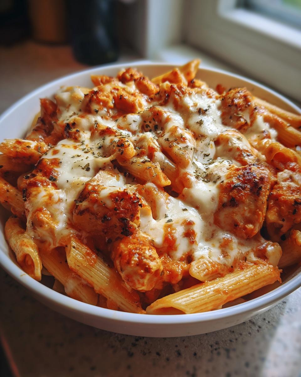 Close-up of a white bowl filled with one pot chicken parm pasta, topped with melted mozzarella and herbs.