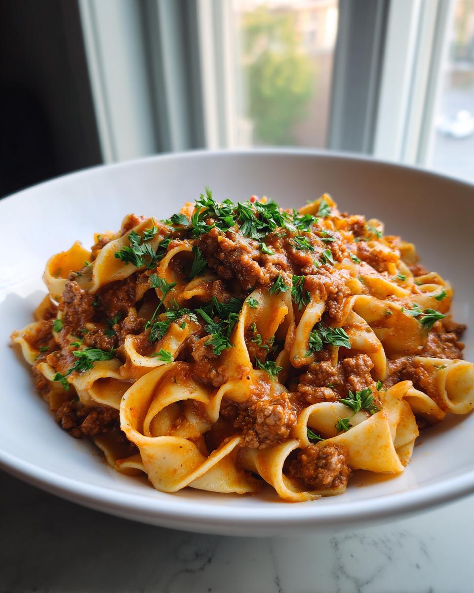 A white bowl filled with wide egg noodles topped generously with rich ground beef goulash and fresh parsley.