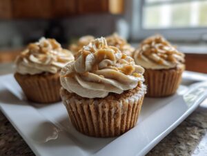 A close-up of delicious peanut butter banana cupcakes topped with swirled frosting and caramel drizzle on a white platter.