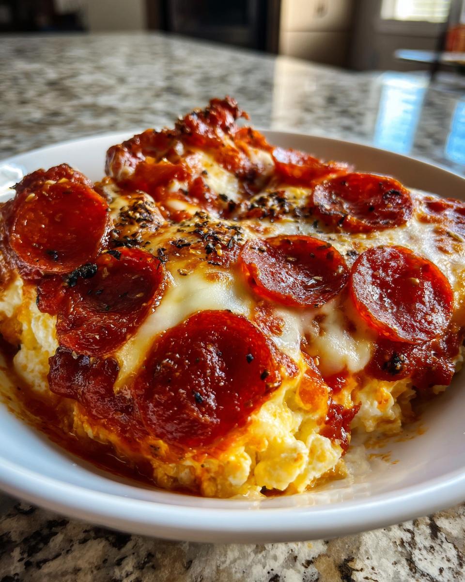 A close-up of a baked cottage cheese pizza bowl topped with melted mozzarella, pepperoni slices, and seasoning.