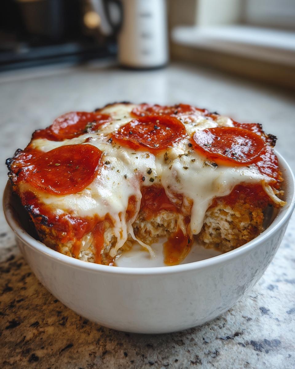 Close-up of a baked cottage cheese pizza bowl topped with pepperoni, melted mozzarella, and herbs.
