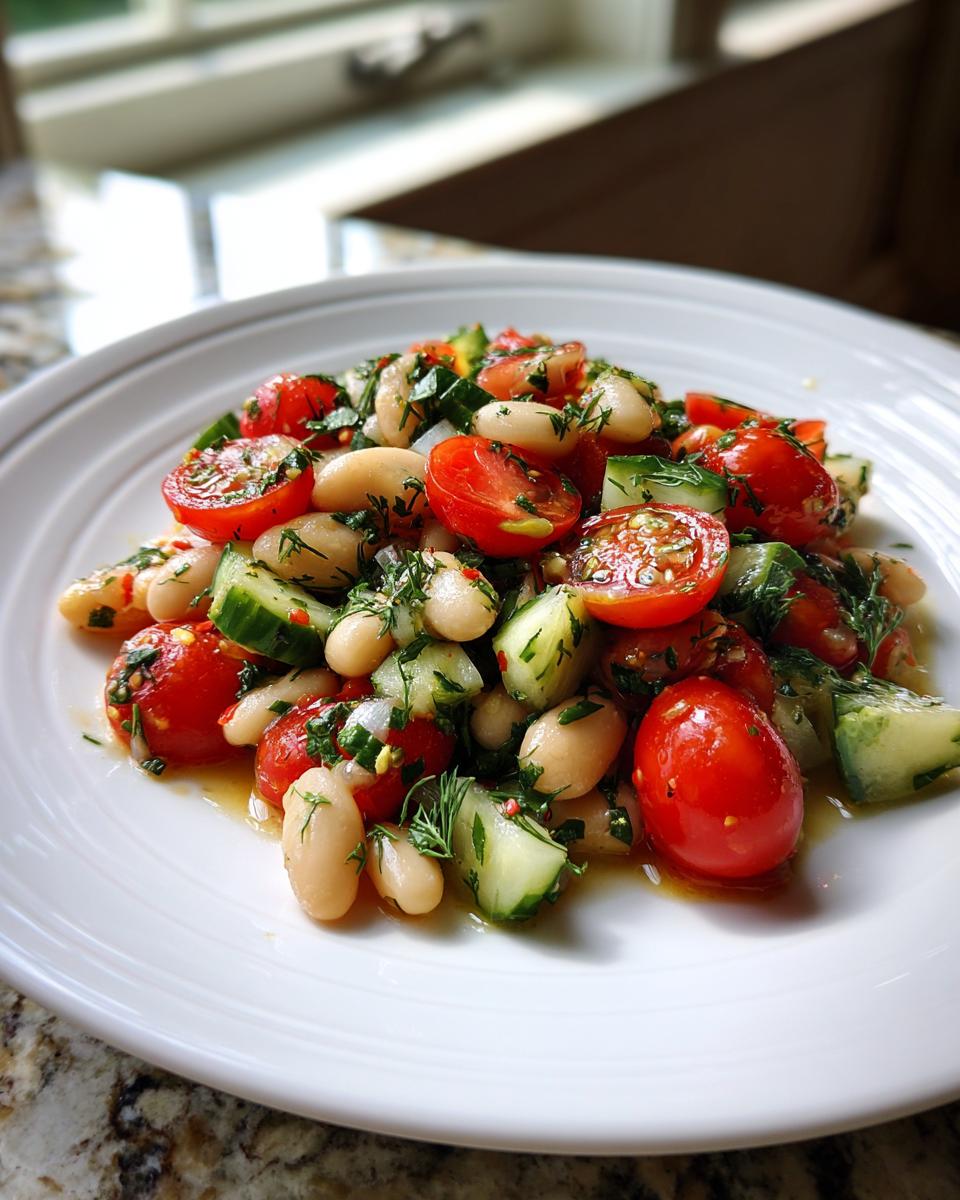 Close-up of a bright white bean salad featuring halved cherry tomatoes, chopped cucumber, and fresh dill.
