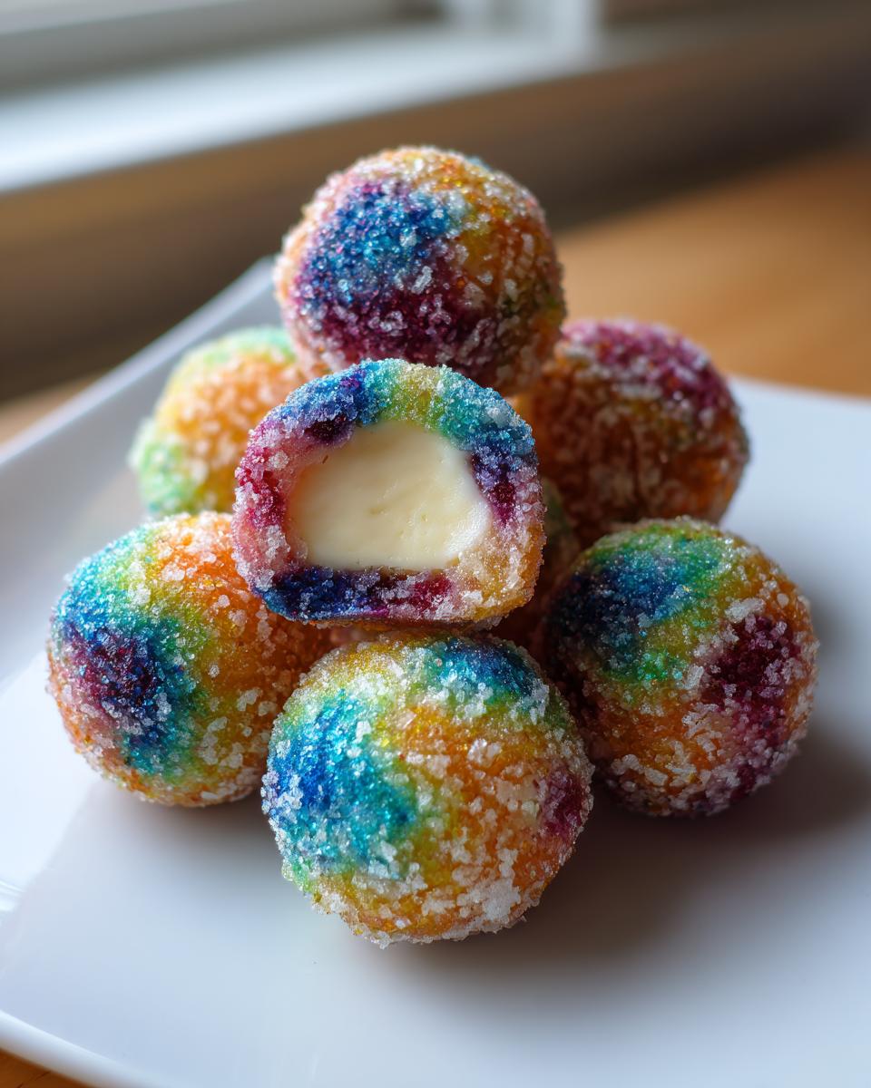 A stack of vibrant, rainbow-colored Christmas jello balls coated in sugar, one cut open revealing a creamy white filling.