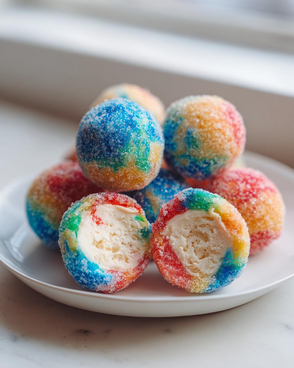 Close-up of vibrant, rainbow-colored Christmas jello balls coated in sugar, one cut in half showing a creamy white filling.