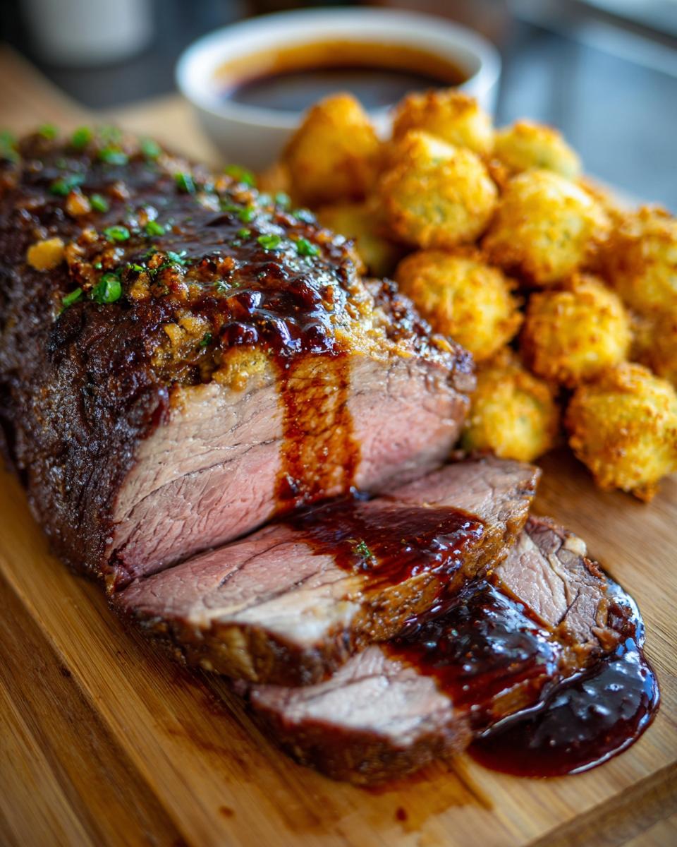 Close-up of sliced rib eyes cherries roast drizzled with sauce, served next to a pile of fried okra.