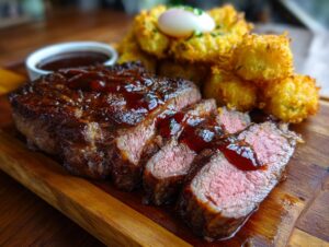 Close-up of sliced rib eyes cherries roast drizzled with sauce, served with fried okra balls and a poached egg.