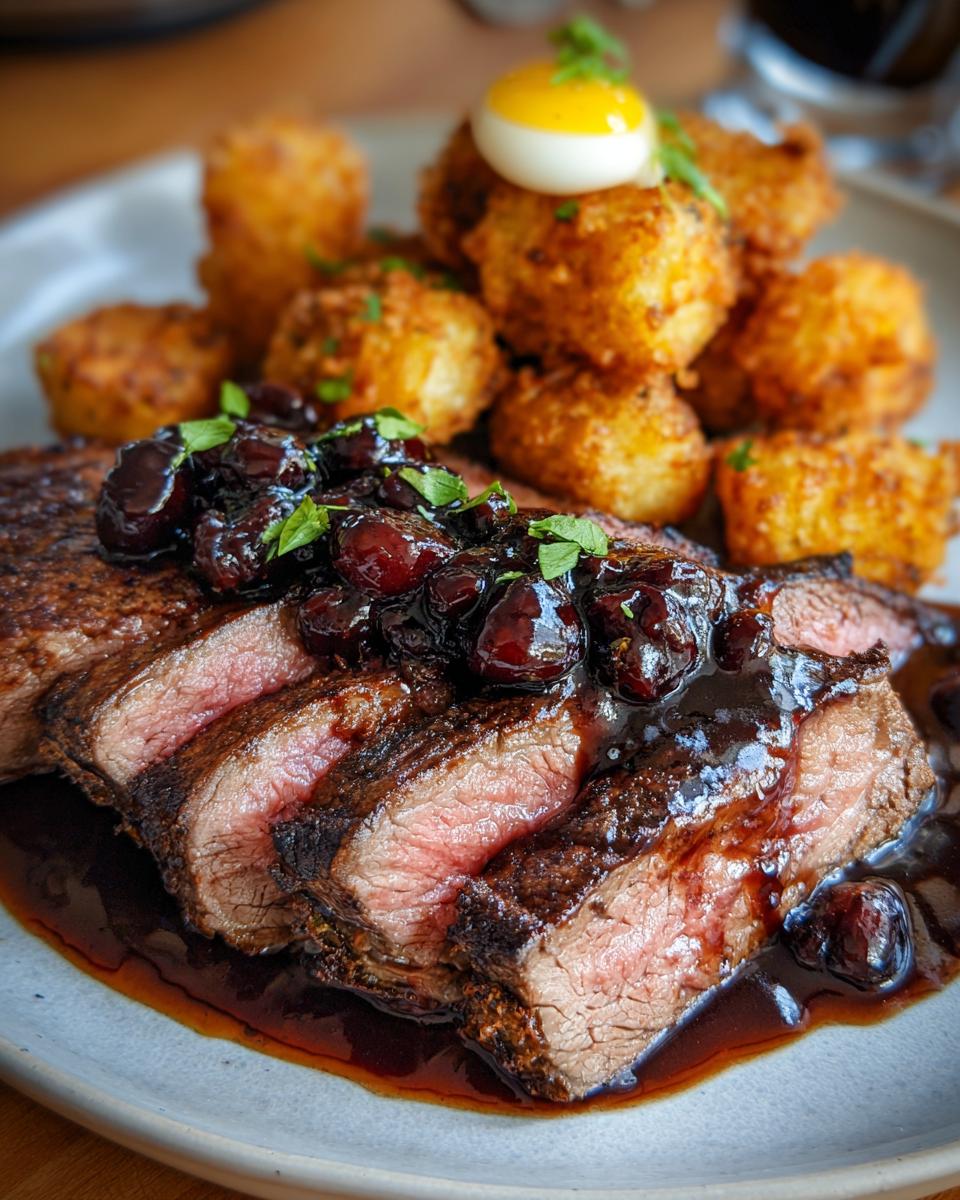 Close-up of sliced rib eyes cherries roast drizzled with sauce, served with fried okra balls and a quail egg.