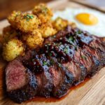 Close-up of sliced rib eyes cherries roast topped with dark sauce, served with fried okra bites and a sunny-side-up egg.