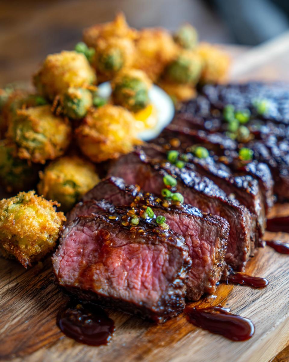 Close-up of sliced rib eyes cherries roast with fried okra and egg on a wooden board.