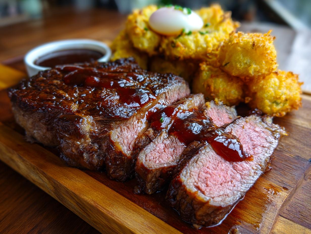 Close-up of sliced rib eyes cherries roast drizzled with sauce, served with fried okra balls and a poached egg.