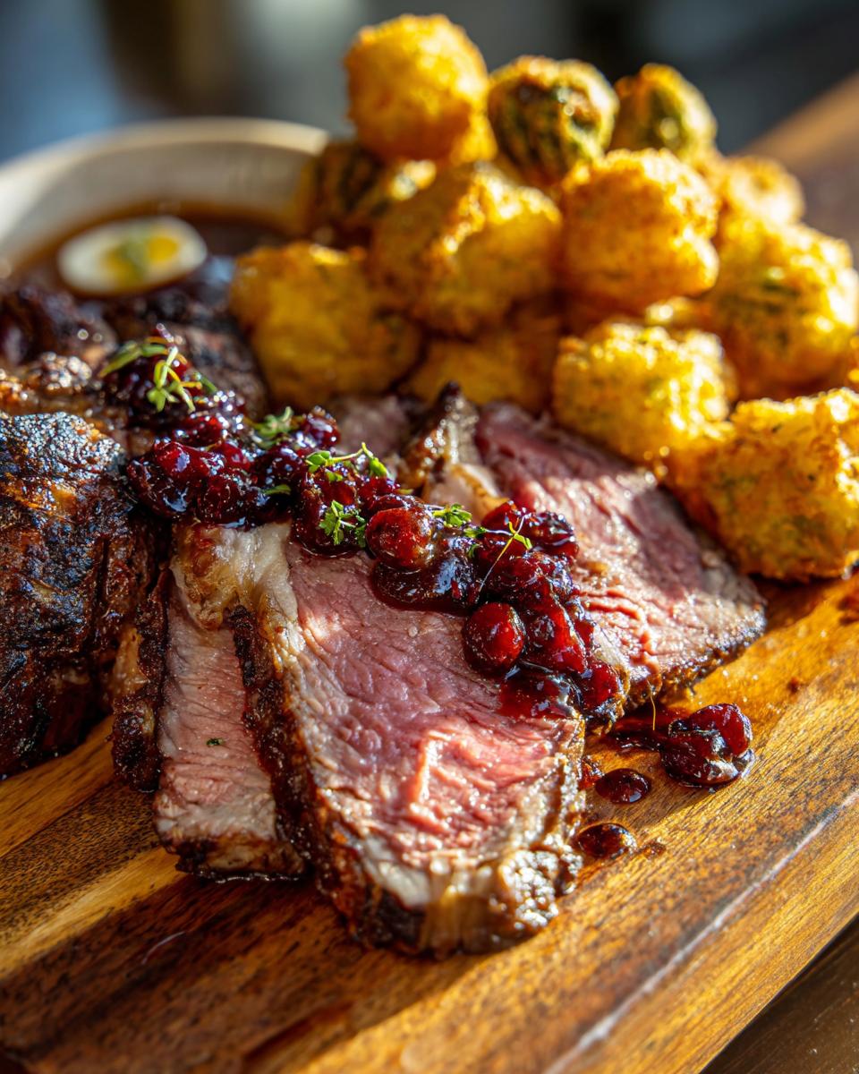 Close-up of sliced rib eyes cherries roast topped with cherry reduction, served with a pile of fried okra.