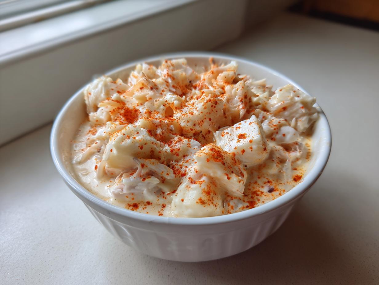 A close-up of a white bowl filled with rich cream of crab soup, topped generously with bright red paprika.