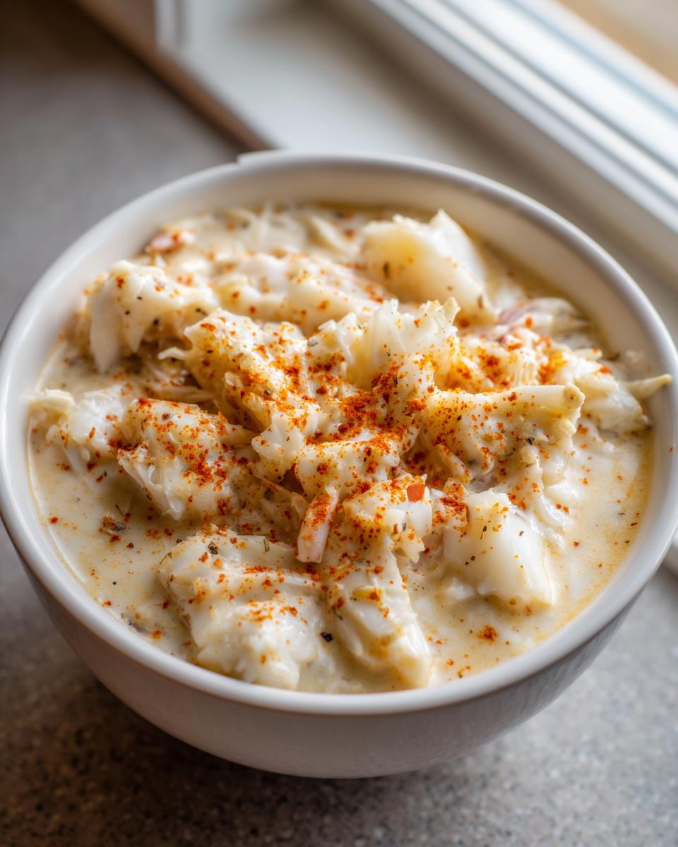 Close-up of a white bowl filled with rich cream of crab soup, featuring large chunks of white crab meat and a sprinkle of paprika.