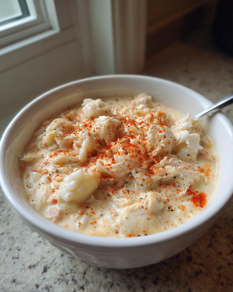 A close-up of a white bowl filled with rich cream of crab soup, generously topped with lump crab meat and a sprinkle of paprika.