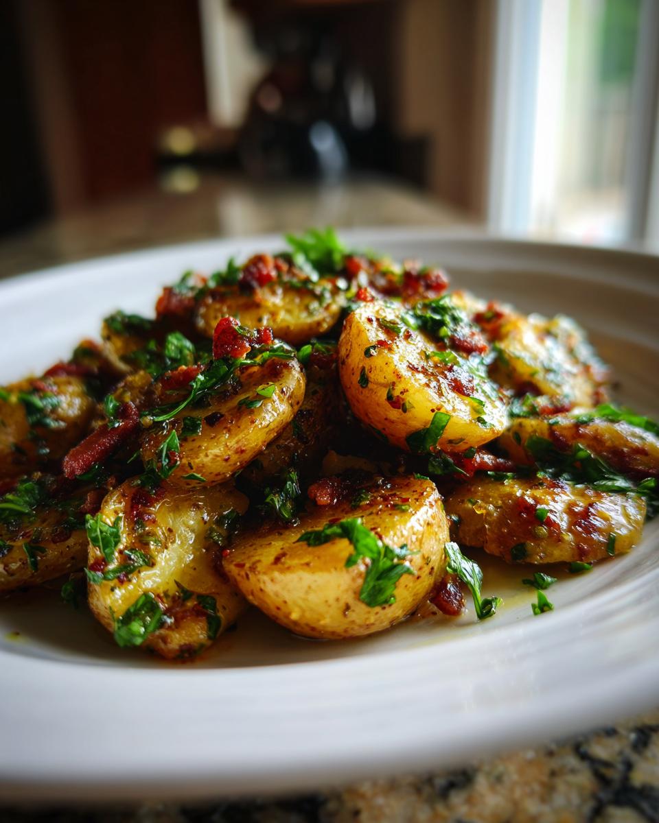 Close-up of warm roasted potato salad halves tossed in dressing, topped with crispy bacon bits and fresh parsley.