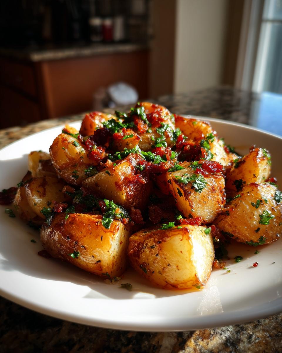 Close-up of golden roasted potato salad chunks topped with bacon bits and fresh parsley on a white plate.