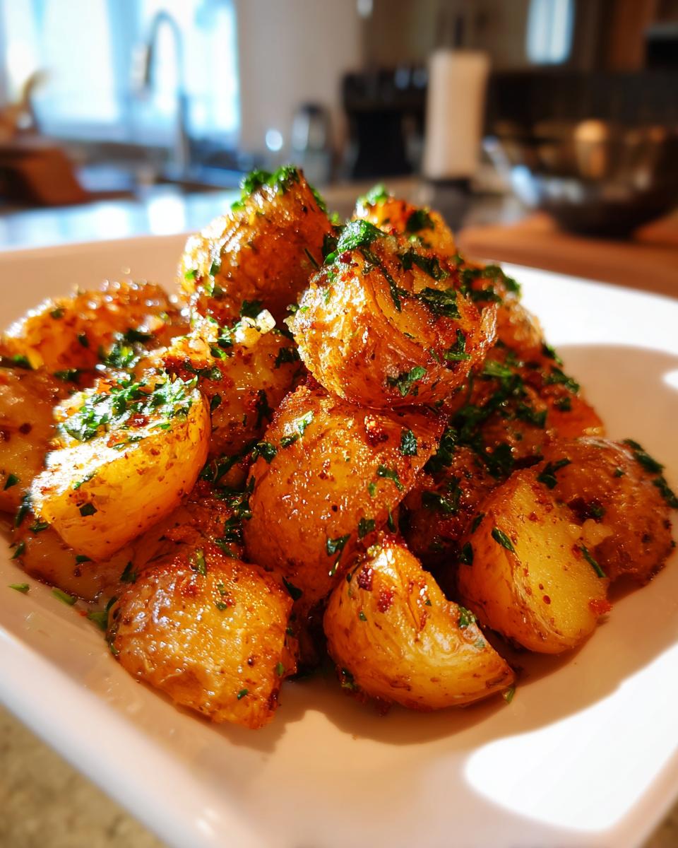 Close-up of golden brown roasted potato salad pieces tossed with herbs and spices served on a white dish.