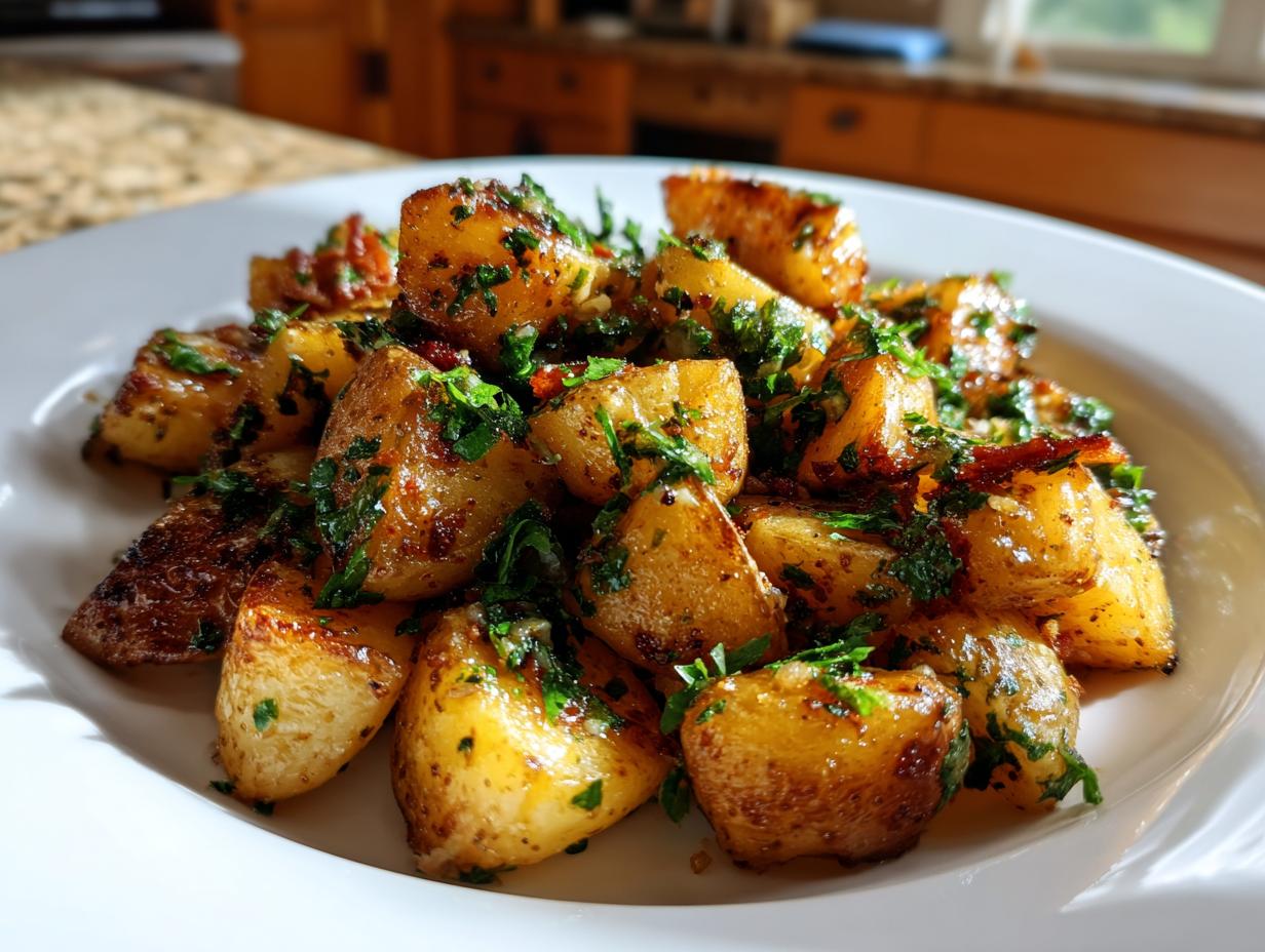 Close-up of golden, caramelized chunks in a roasted potato salad, tossed with fresh green parsley.
